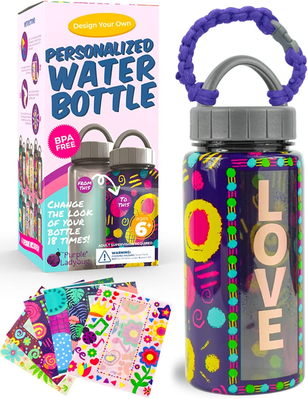 Blue Sticker Water Bottle – Purple Ladybug