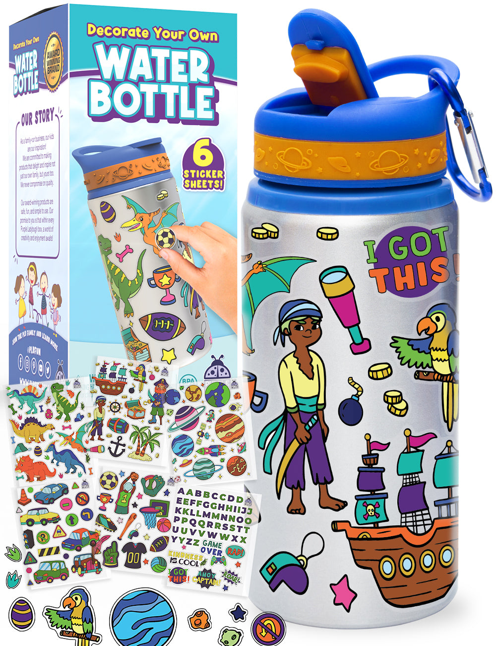 Blue Sticker Water Bottle – Purple Ladybug