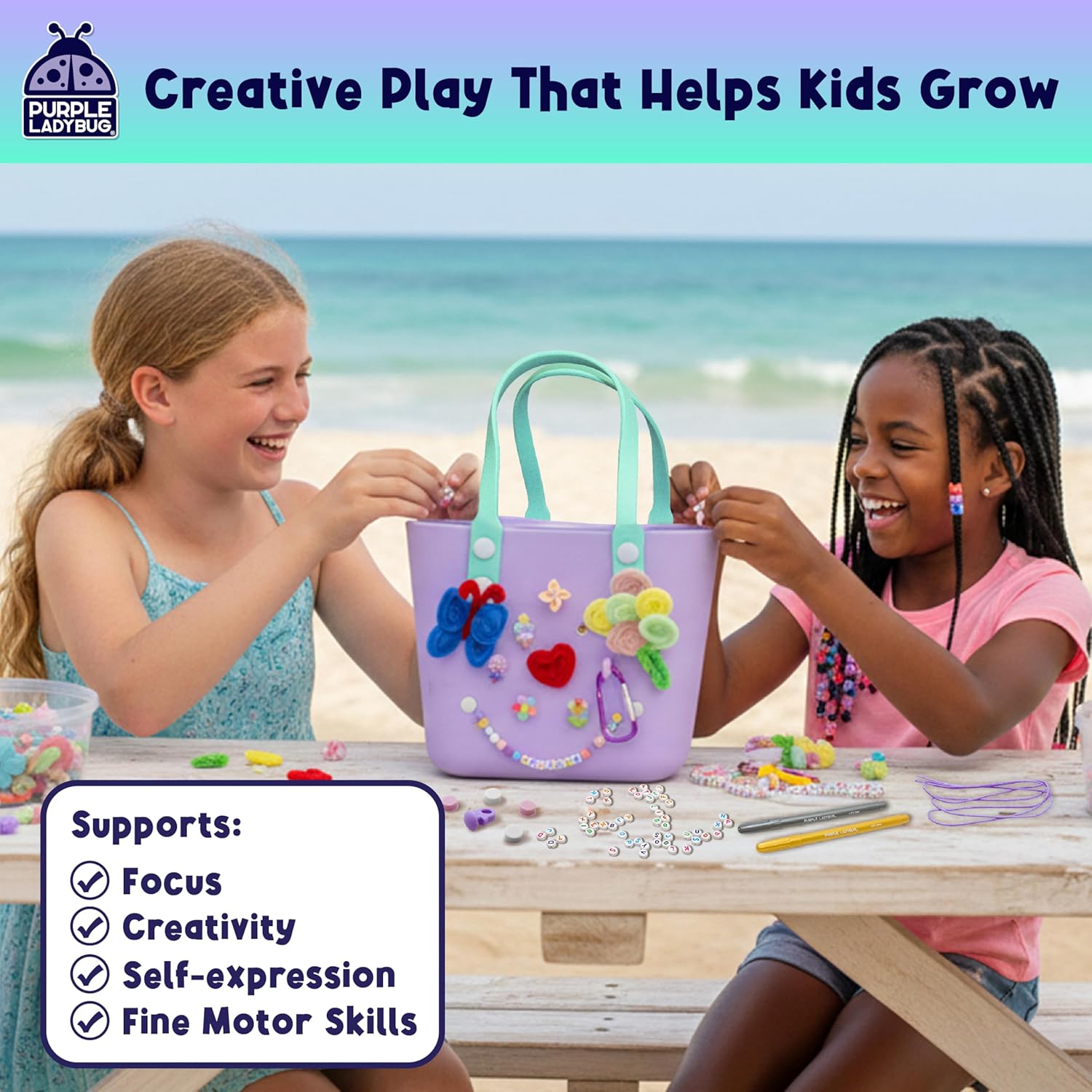 Decorate Your Own Beach Tote Bag - Tropical Fun – Purple Ladybug