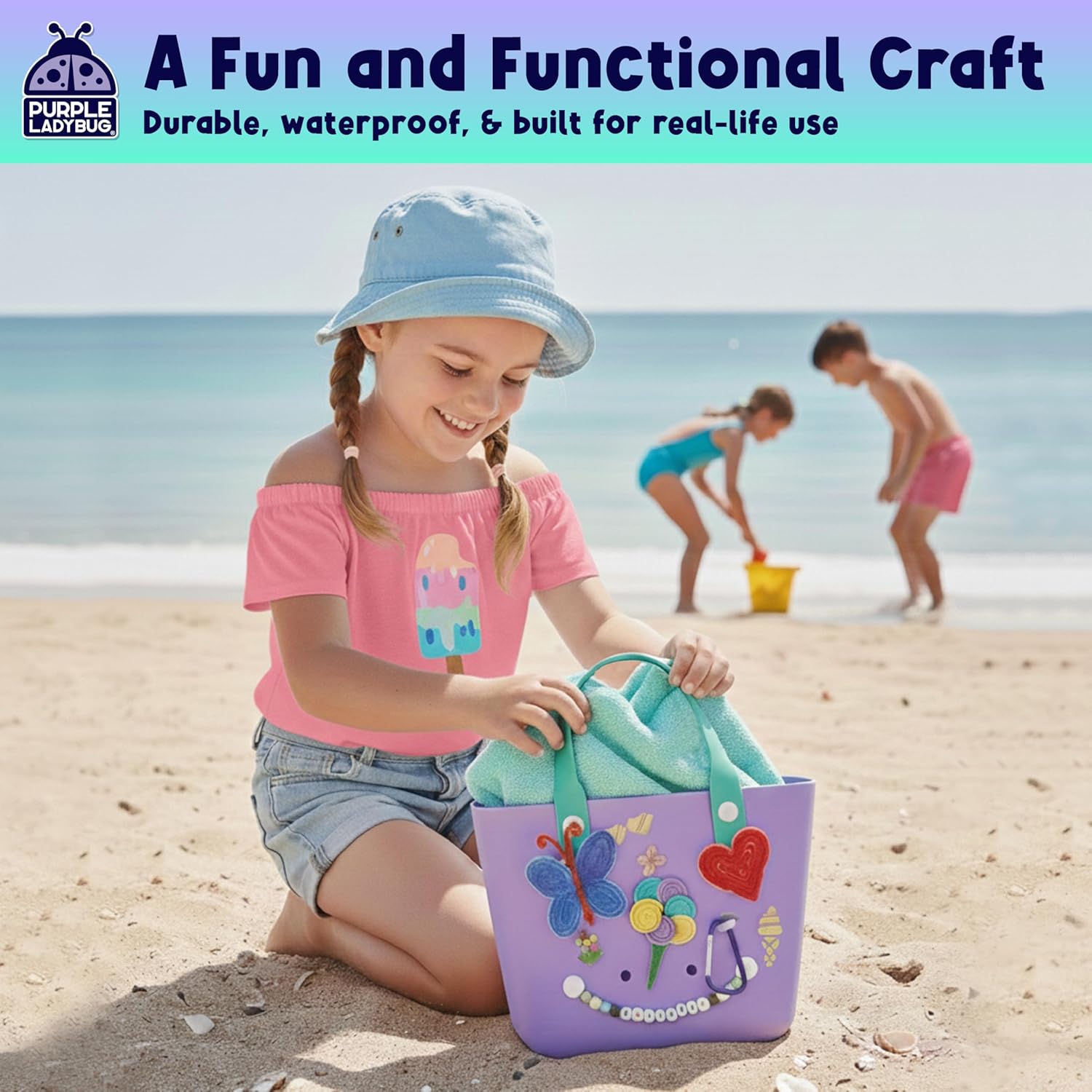 Decorate Your Own Beach Tote Bag - Tropical Fun – Purple Ladybug